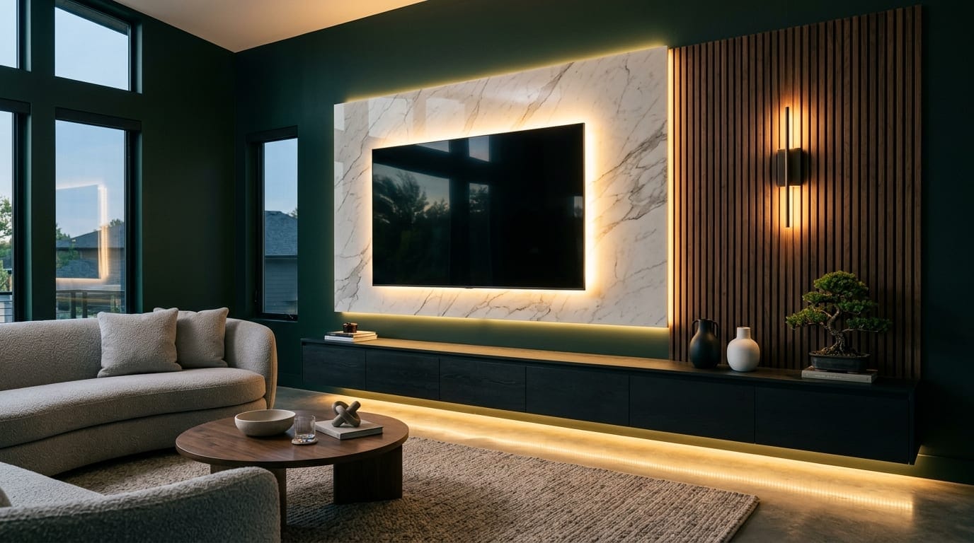 Luxury modern living room with backlit marble wall and fluted wood slats