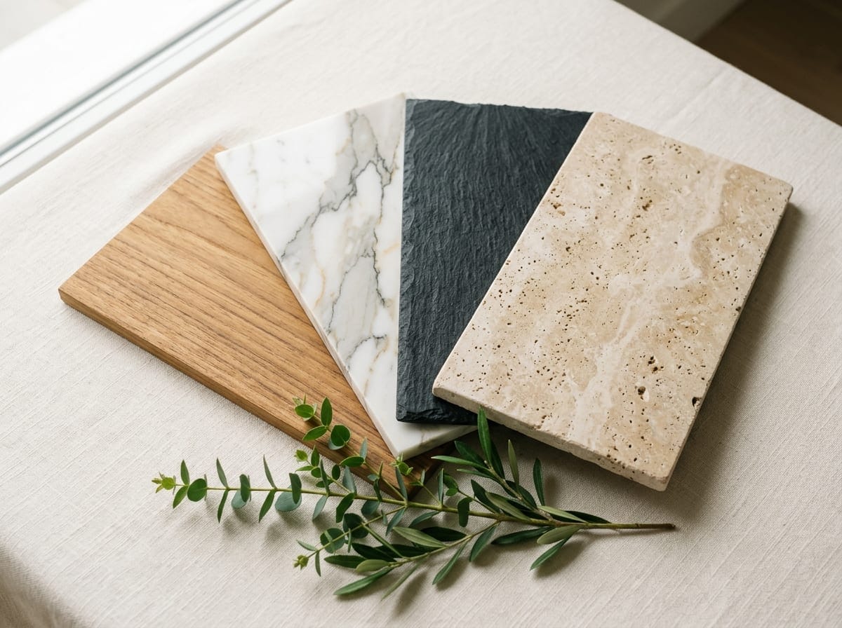 Curated wood, marble, slate, and travertine sheet samples with olive leaf